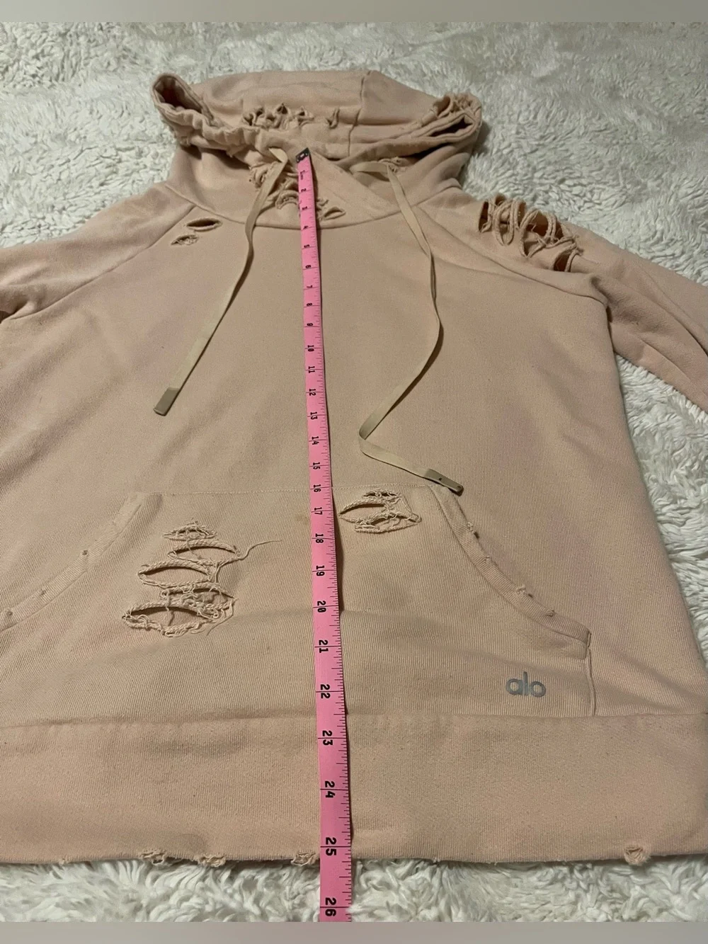 Alo Yoga Ripped Distressed Hoodie Womens Size S Peach Pullover Sweatshirt